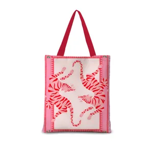 Joli sac cabas en toile à motif de tigre rose, sac à main d'épaule décontracté pour femmes.