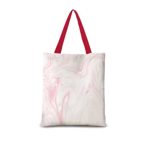 Sac cabas en toile avec motif marbre rose abstraite et anses rouges pour le quotidien.