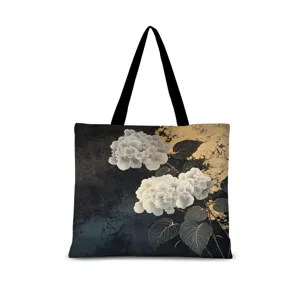 Rétro Nouveau Style Chinois Lin Toile Sac Bandoulière Femmes Noir Or Hortensia Impression Cabas Décontracté Grande Capacité Sac à Main