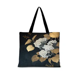 Sac cabas en toile à imprimé hortensia noir et or de style chinois rétro, élégant.