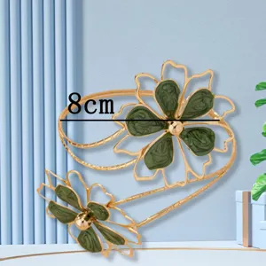 Fashion gold open cuff bracelet with green enamel hollow flowers, exquisite arm ring for women.