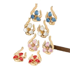 Elegant geometric drip oil floral earrings set, sweet alloy stud earrings for women daily wear.