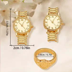 Minimalist gold watch shape jewelry set including stud earrings and ring with roman numerals.