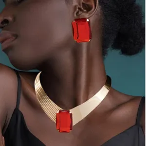 Punk Style Alloy Iron Choker Necklace And Earrings Set With Rectangular Rhinestone Geometric Jewelry Gift For Women