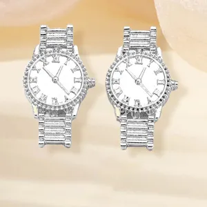 Silver watch shaped stud earrings for women, trendy metal quartz design fashion jewelry.