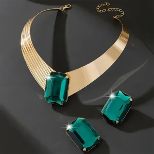 Detailed view of the luxury emerald green gemstone choker necklace and earrings set, elegant.