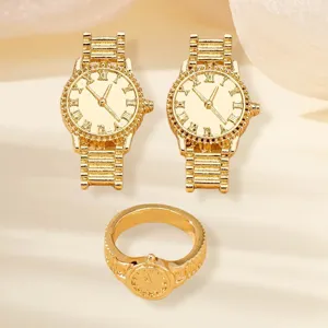 Zinc Alloy Quartz Watch Shape Jewelry Set Earrings Ring Gold Silver Plated Fashion Party Jewelry For Women
