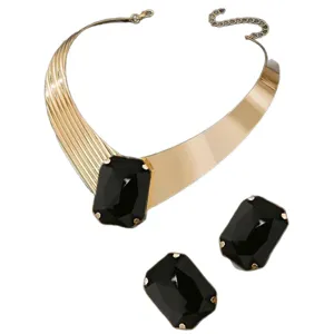 Gold choker necklace and earrings set with black gemstone for party and gift, main view