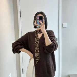 Chic leopard print thin scarf for women, stylish neck ribbon and choker accessory.