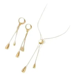 Gold teardrop tassel necklace and earrings set, elegant long slider design for women fashion.
