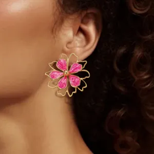Chic double-layered hollow flower earrings with pink enamel detail for elegant daily wear.