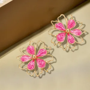 Sweet pink oil-drop flower stud earrings minimalist hollow double-layer metal ear jewelry