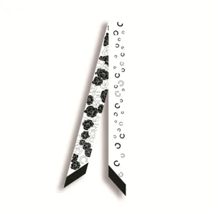 Foulard twilly floral noir et blanc, elegant ruban effet soie pour sacs, cou ou coiffure.