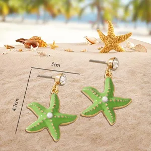 Chic green starfish earrings with crystal and pearl studs, perfect for summer beach vacation.