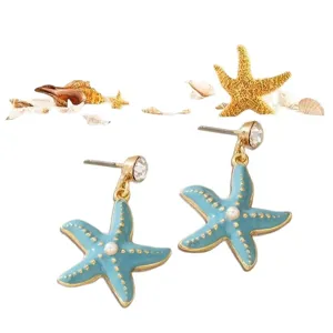 Fashion blue starfish dangle earrings with pearl and crystal, perfect for beach summer vacation.