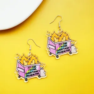 Cute acrylic dumpster fire earrings with funny quote, trendy cartoon doodle drop earrings.