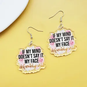 Funny English quote acrylic drop earrings with pink floral print fashion jewelry for women