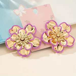 Elegant Korean style flower earrings with gold metal and purple enamel petals, detailed closeup.