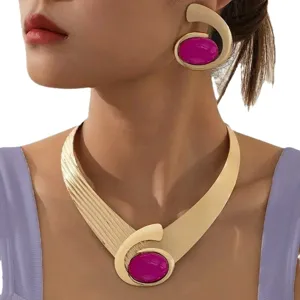 Chic Statement Gold-Tone Choker Necklace and Matching Pink Resin Stone Earrings Set for Women