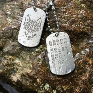 Custom stainless steel military ID dog tag necklace with wolf totem and personalized engraving.