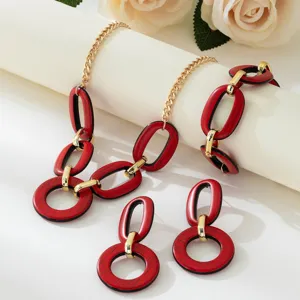 Red wood grain geometric necklace bracelet and earrings set fashion jewelry elegant main display