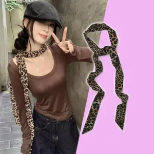 Vintage Leopard Print Satin Scarf Long Narrow Skinny Neck Scarf Fashion Chic Neckerchief Hair Band Bag Accessory For Women