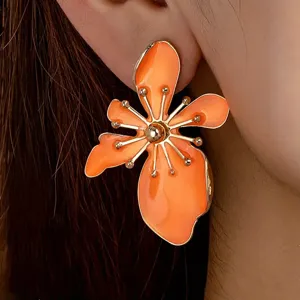 Exaggerated Dopamine Flower Stud Earrings Cute Enamel Colorful Petal Floral Earrings For Women Fashion Jewelry Party Gift