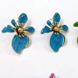 Elegant blue flower enamel earrings with gold tone details, perfect summer fashion jewelry gift.