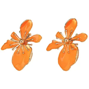 Vibrant orange enamel flower earrings pair, trendy summer dopamine fashion jewelry design.