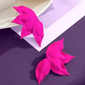 Exaggerated hot pink leaf stud earrings, stylish retro statement floral design for women.