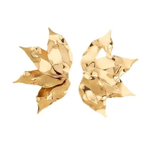 Exaggerated gold leaf flower ear studs for women retro fashion statement earrings jewelry