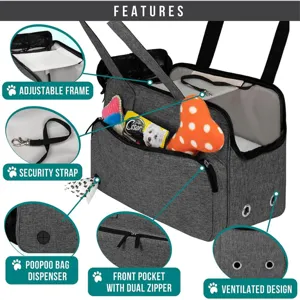 Borsa grigia portatile per animali domestici con manici e tasche anteriori molto utili.