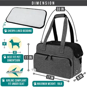 Vista dettagliata con dimensioni, peso massimo e lettino in sherpa per la borsa da trasporto.