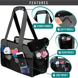 Vista dettagliata della borsa di trasporto per animali grigia con manici robusti e tasche a rete.