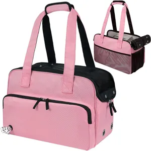 Vista dettagliata della borsa trasportino rosa traspirante con finestre in rete e tasca frontale.