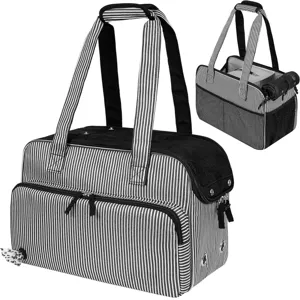 Borsa per animali a righe bianche e nere con rete traspirante e tasche multiuso comode.