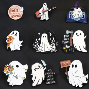 Cute ghost enamel pins set, funny cartoon brooch badges, detailed close-up display.