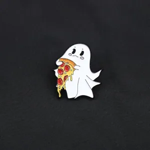 Close up of a cute ghost enamel pin holding pizza, perfect for decorating bags and clothes.