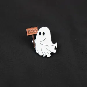 Creative ghost enamel pin detail, cute white ghost brooch accessory for bags and clothes.