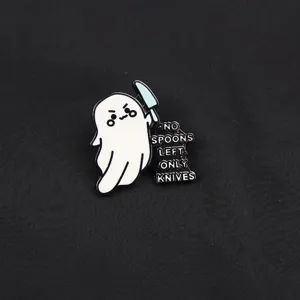 Ghost enamel pin detail showing the cute spooky ghost design and funny text engraved clearly.