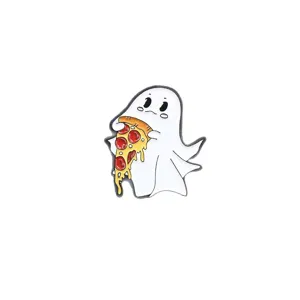 Cute cartoon ghost eating pizza enamel pin metal brooch lapel badge fashion clothing bag accessory