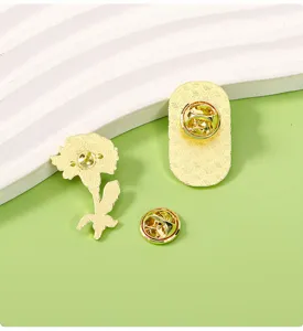 Exquisite enamel carnation brooch lapel pin back view, golden metal flower accessory detail.