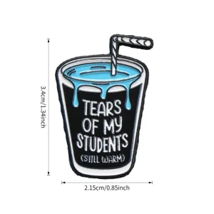 Funny metal enamel pin, cute drink cup design with slogan, creative clothing accessory.