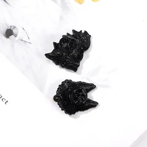 Nine-tailed fox enamel brooch pin back detail shot, black alloy fashion jewelry accessory.