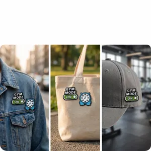 Detailed view of gym motivation enamel pin badge attached on jacket, bag and hat stylish.