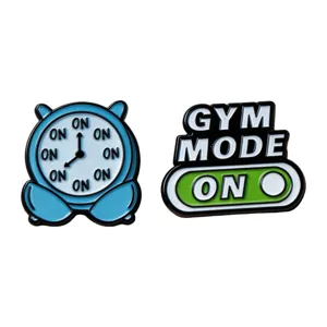 Creative metal enamel pins set, funny alarm clock and gym mode design lapel badge.