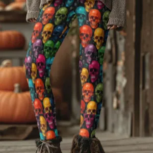Leggings da donna con stampa teschio colorata, perfetti per fitness, tempo libero e Halloween.