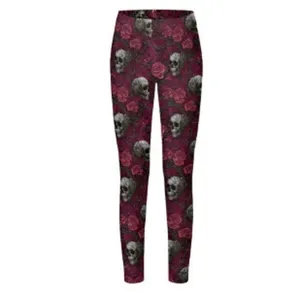 Leggings da yoga elasticizzati con stampa teschio gotico e rosa rossa da donna pantaloni