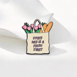 Cute enamel pin with shopping bag tulip baguette design for canvas bag backpack decor accessories