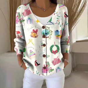 Women Christmas V-Neck Button Cardigan Long Sleeve Casual Loose Holiday Sweater Coat